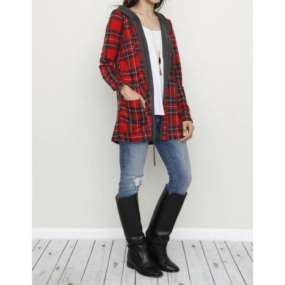 NEW GRATEFUL HEARTS buffalo plaid hooded charcoal trimmed cardigan in red